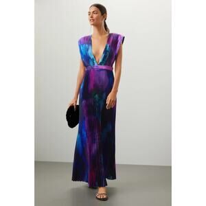 L'idee Gala Plisse Gown Deep V-Neck Satin Pleated Printed Dye, Size US 2, UK 6